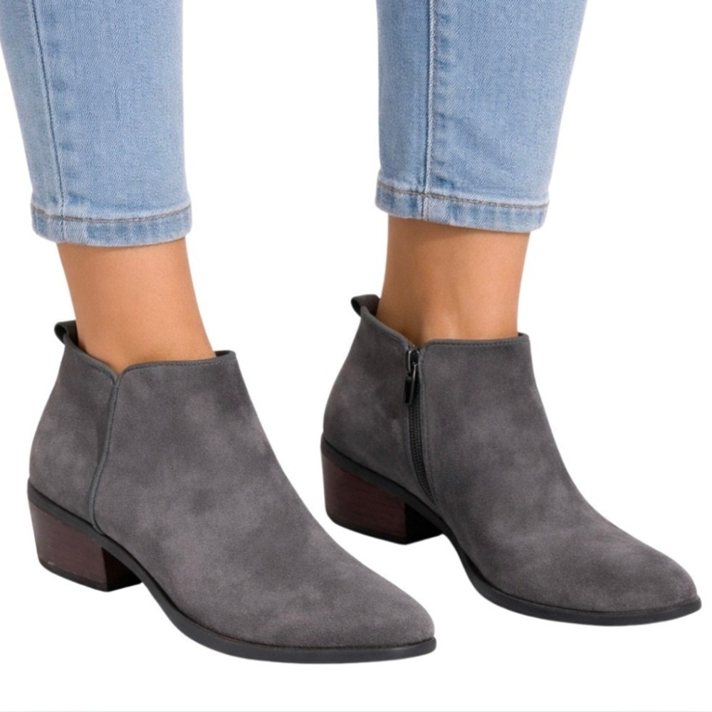 Crown Vintage Grey‎ Suede Leather Ankle Boots Pointed Toe Block Heel Size 6.5M